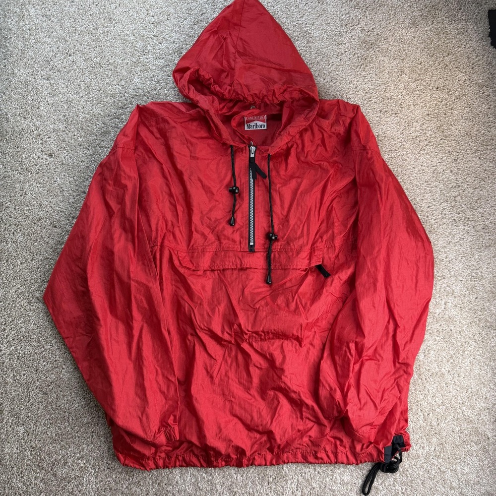 Vintage Marlboro Jacket Mens Large Red Hooded Nylon Pullover Anorak 1/4 Zip